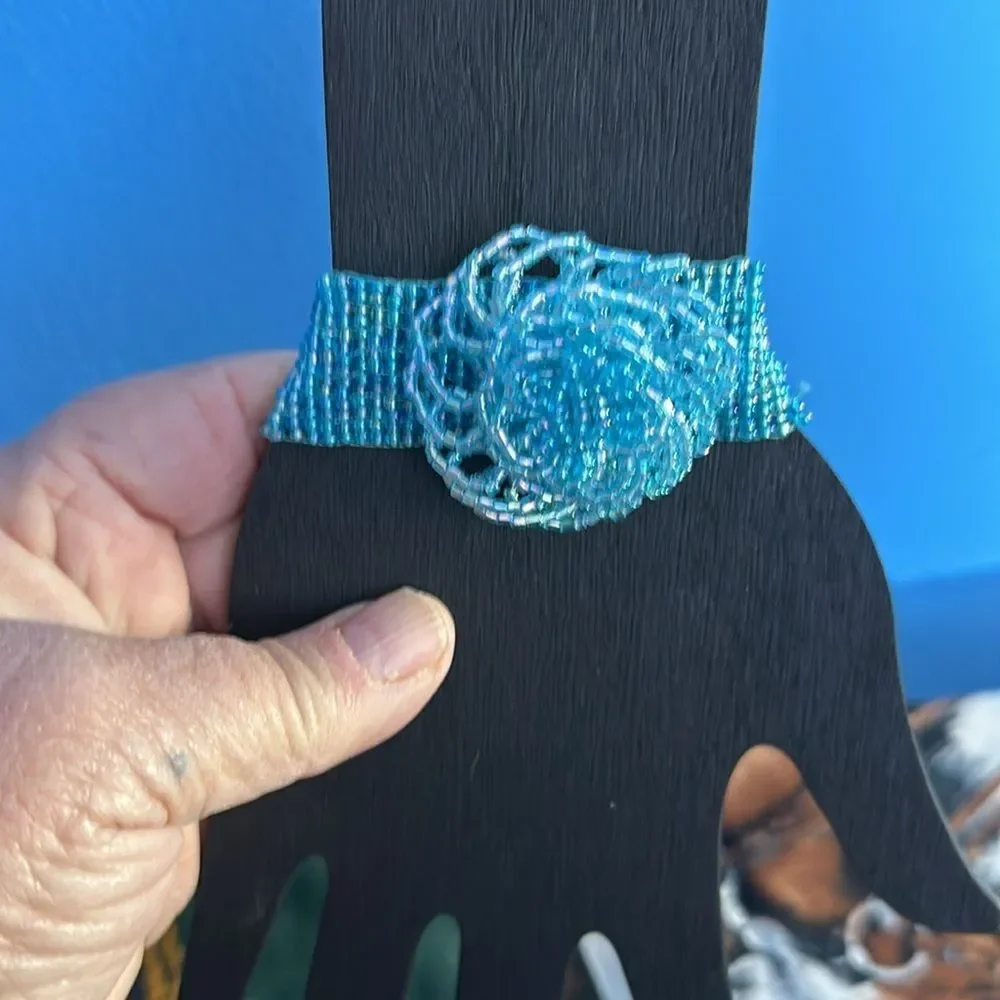 Blue Iridescent Beaded Flower Bracelet Fashion Jewelry Sparkly Statement